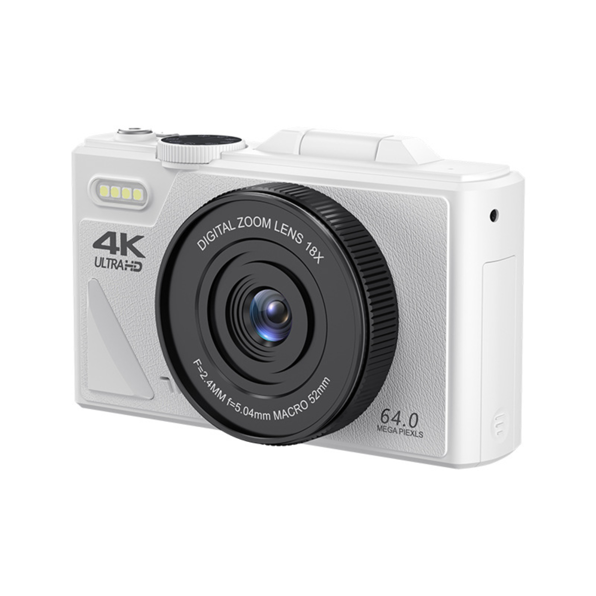 Weiße Digitalkamera mit Zoomobjektiv und 4K Ultra HD. Weißer Hintergrund.
