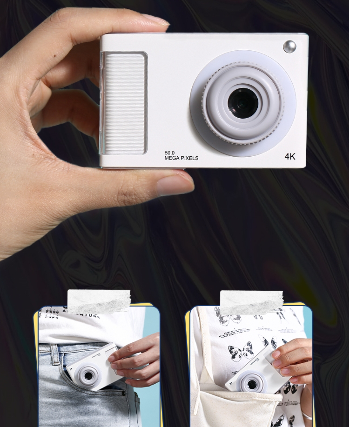 Eine weiße Kamera in einer Hand und in einer Tasche. Text lautet '50.0 Megapixel' und '4K'.