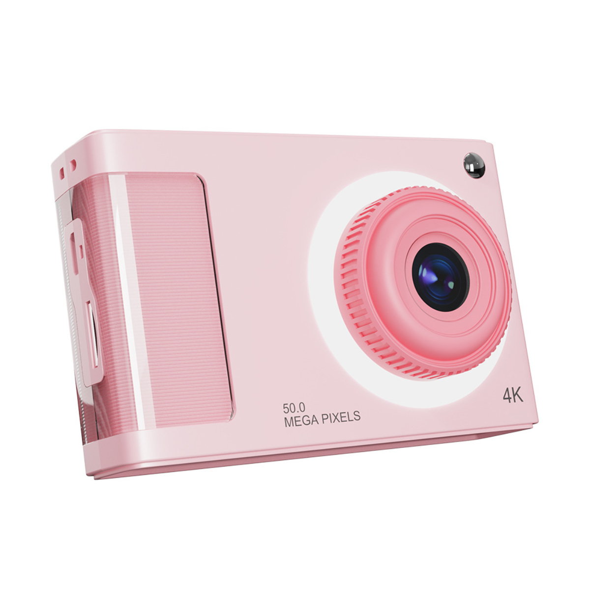 Pinke Digitalkamera mit Objektiv und Bildschirm. 50,0 Megapixel. Weißer Hintergrund.