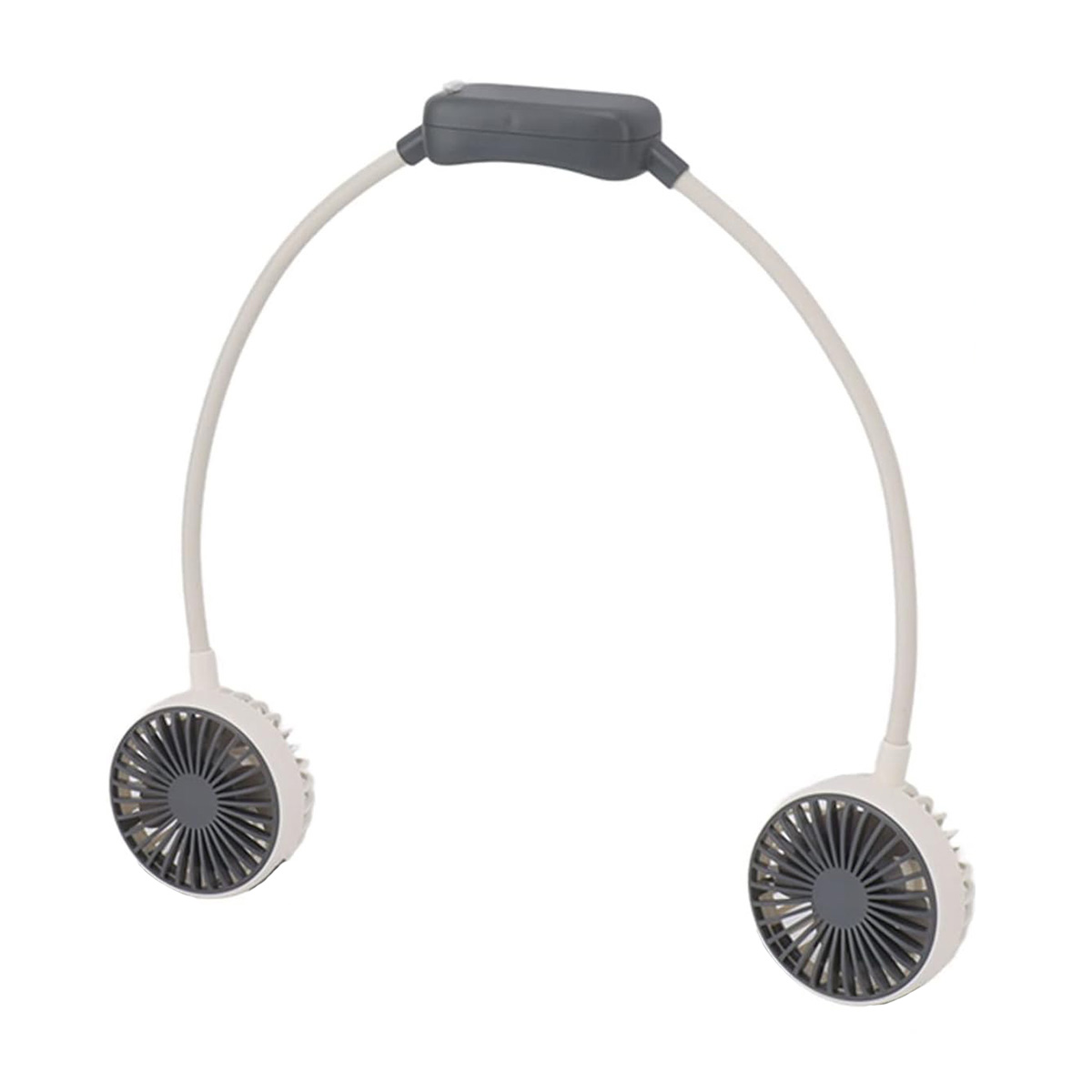 Ventilador de cuello, marco blanco y dos ventiladores. Fondo blanco.