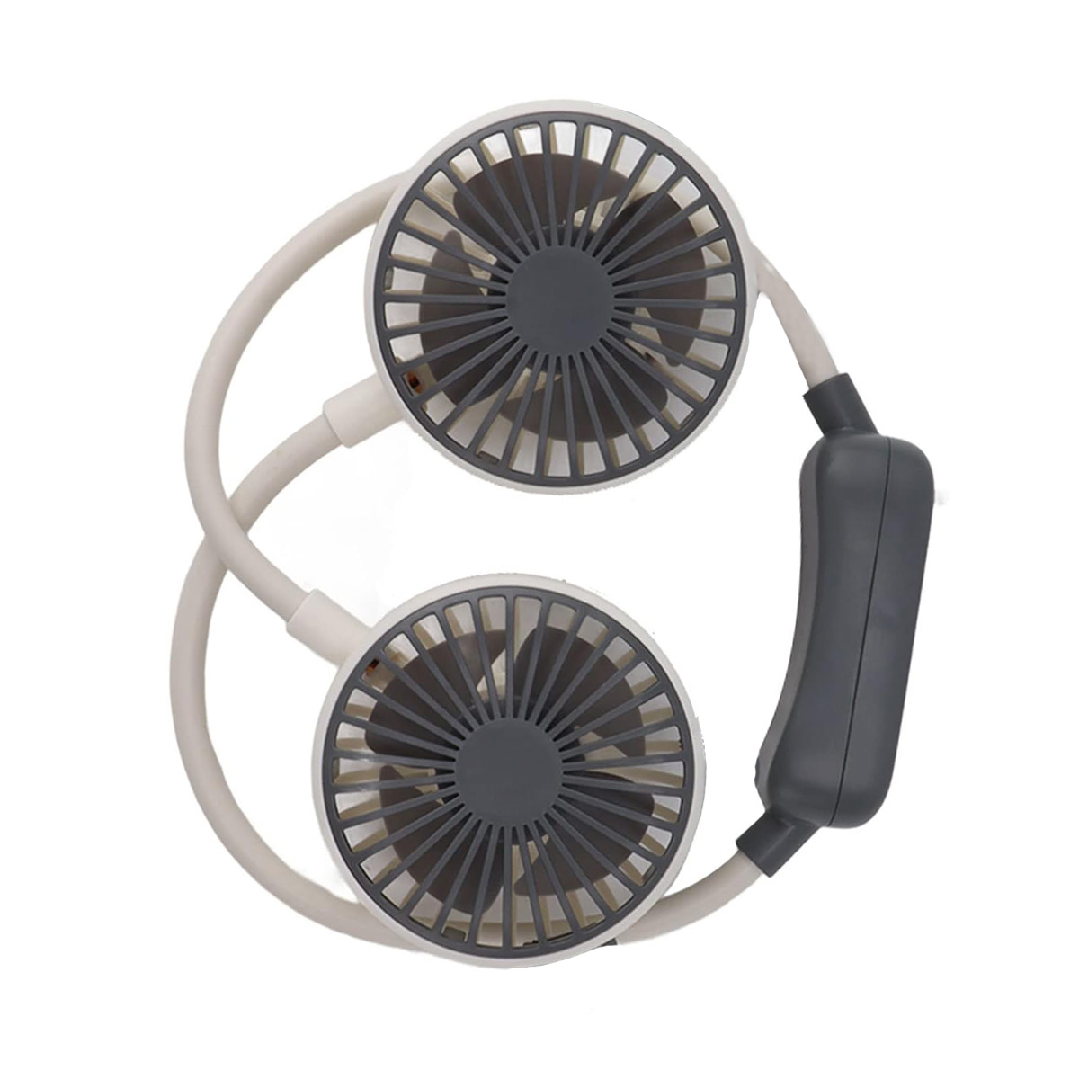 Ventilador de cuello con dos ventiladores. Combinación de colores gris y blanco.