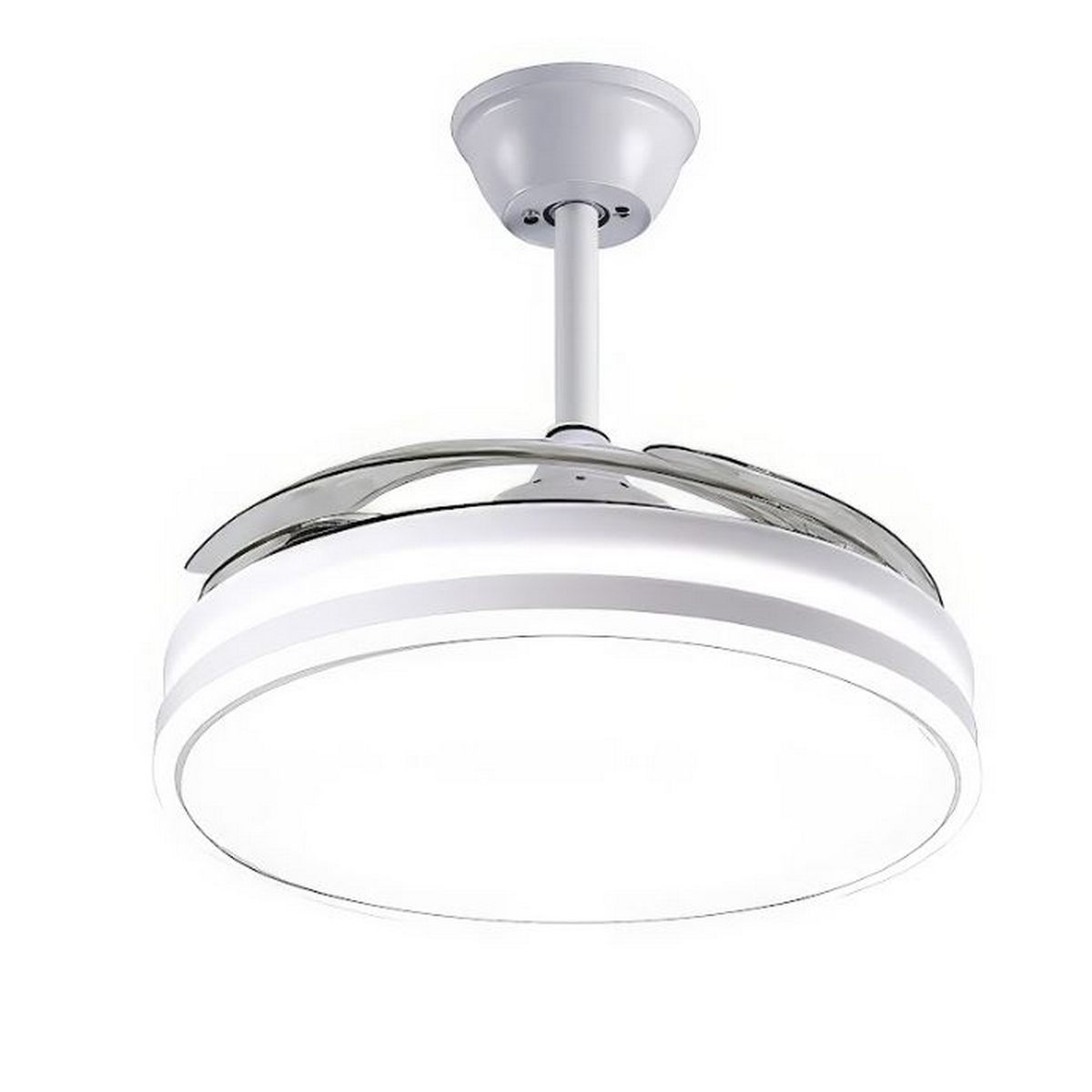 Un ventilador de techo blanco moderno con luz integrada y aspas curvas.