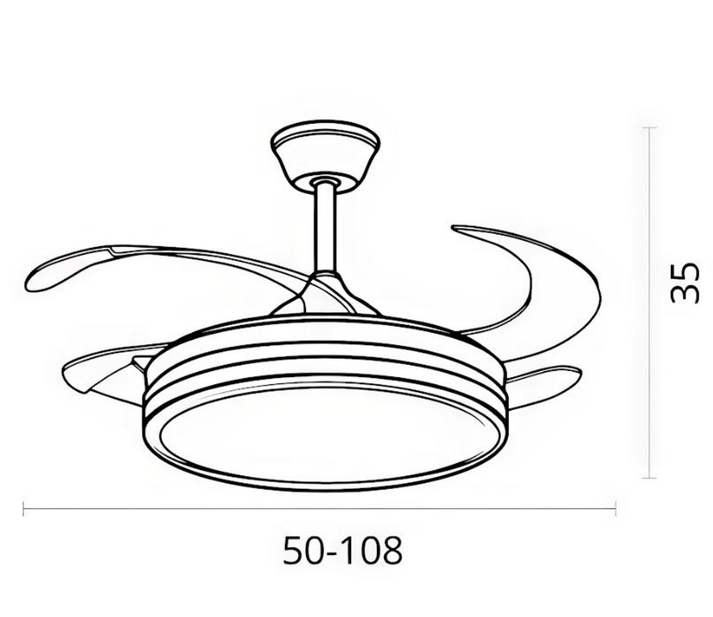 Un dibujo lineal de un ventilador de techo. Tiene tres aspas y una luz en el centro.