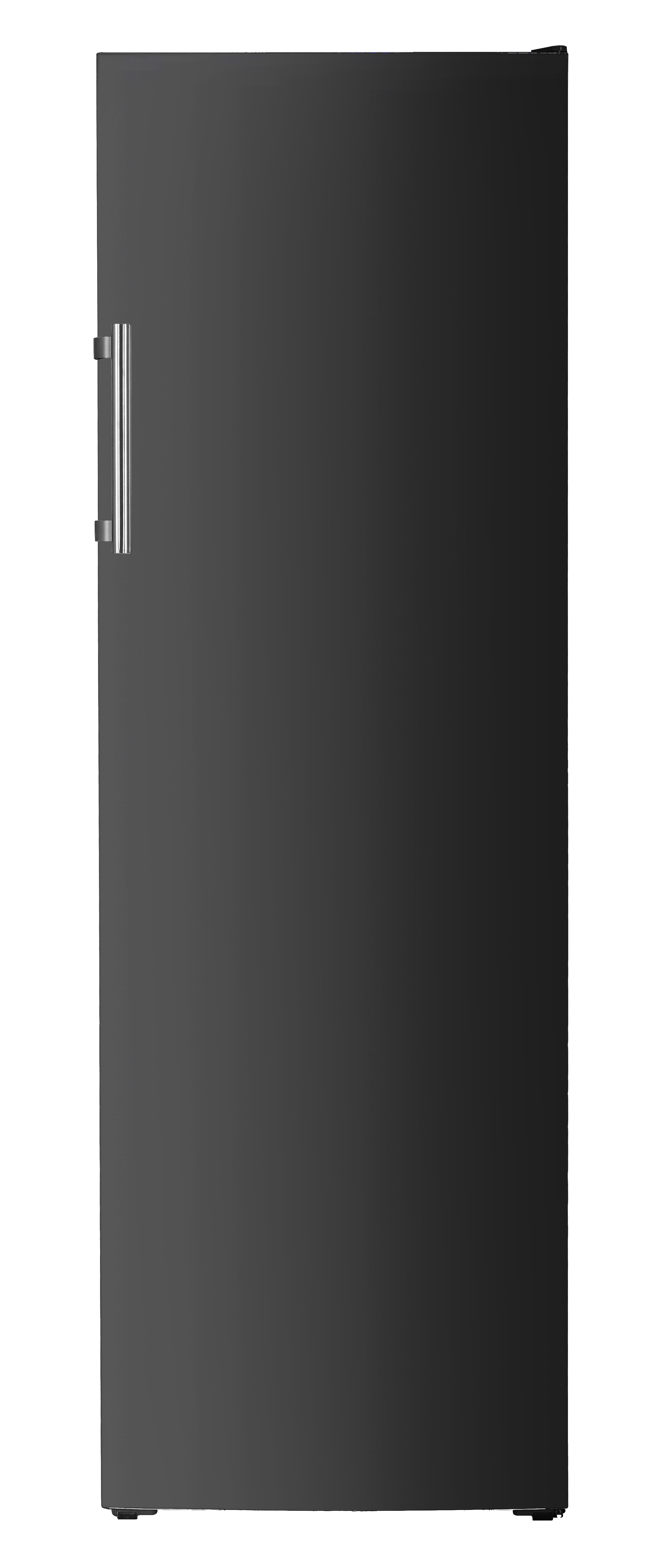 Dark gray refrigerator with a silver handle.