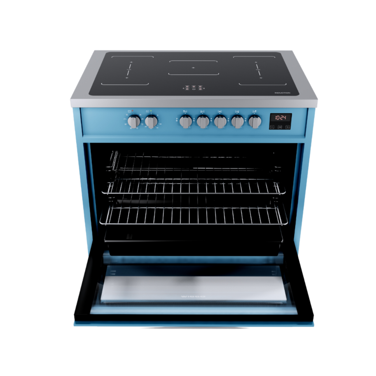 Blue induction range with open oven door. Knobs and digital clock. Oven racks visible. Black cooktop.