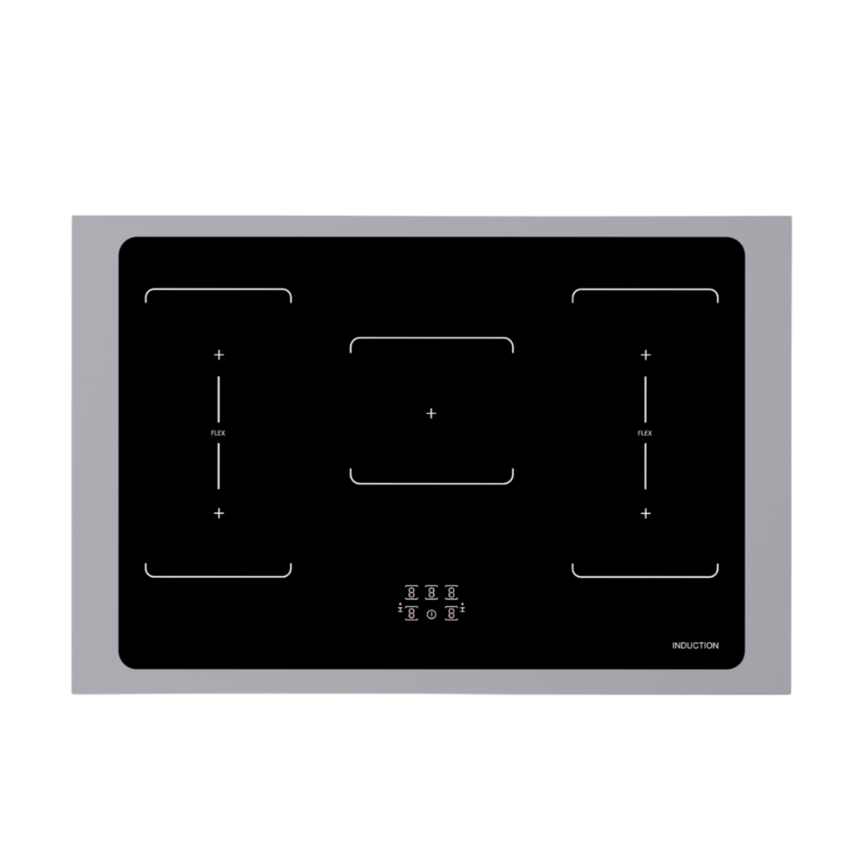 Black induction cooktop with a silver frame. The cooktop has four cooking zones.