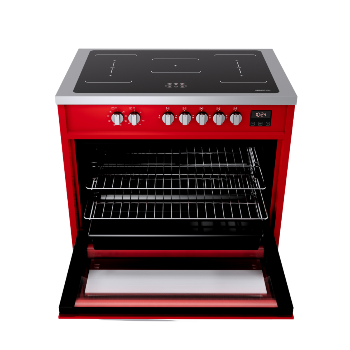 Red electric cooker with open oven door revealing shelves. Black hob and digital clock are visible.