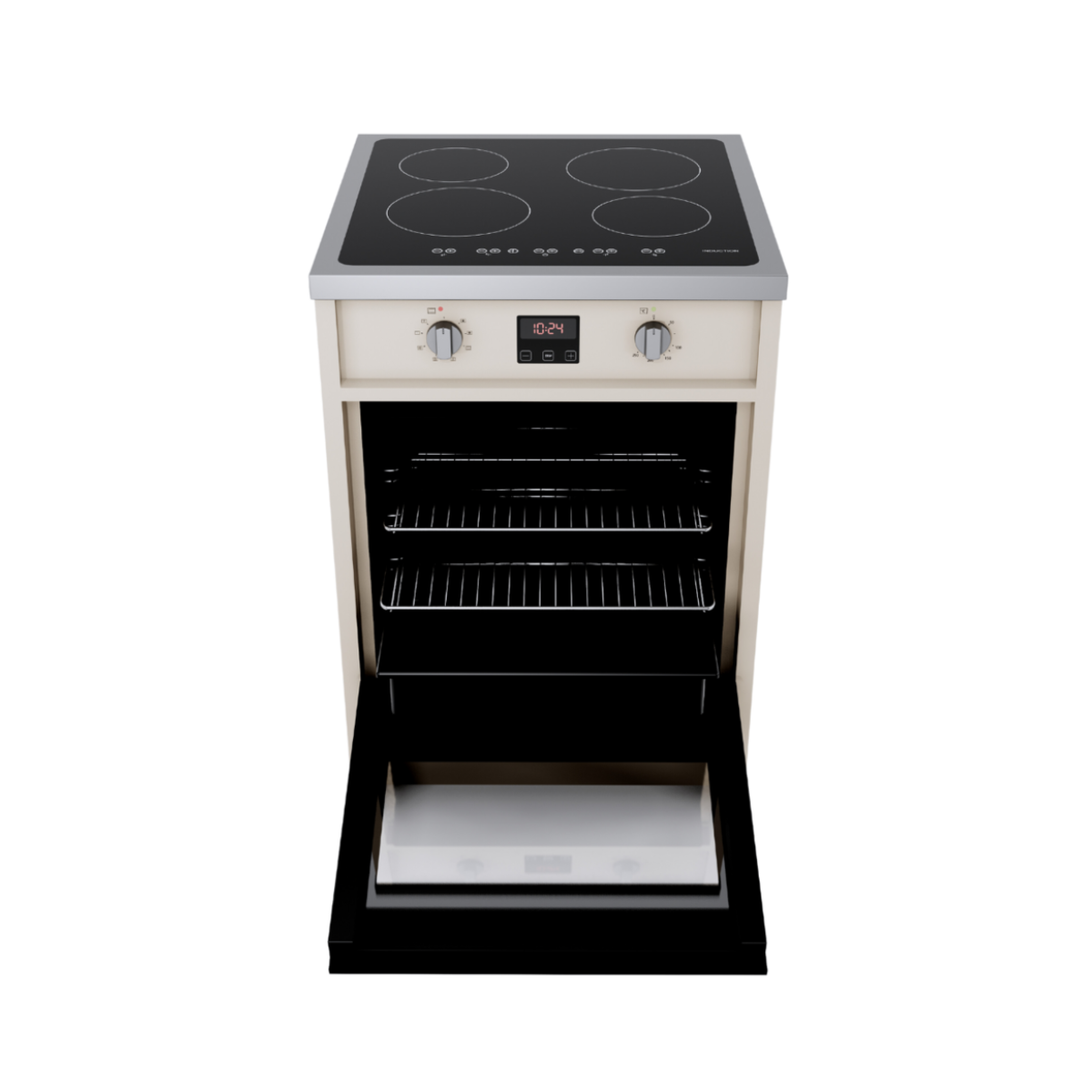 Off-white oven with open door, displaying the interior.