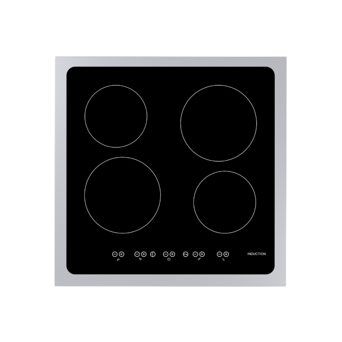 A black induction cooktop with four circular burners and control buttons.