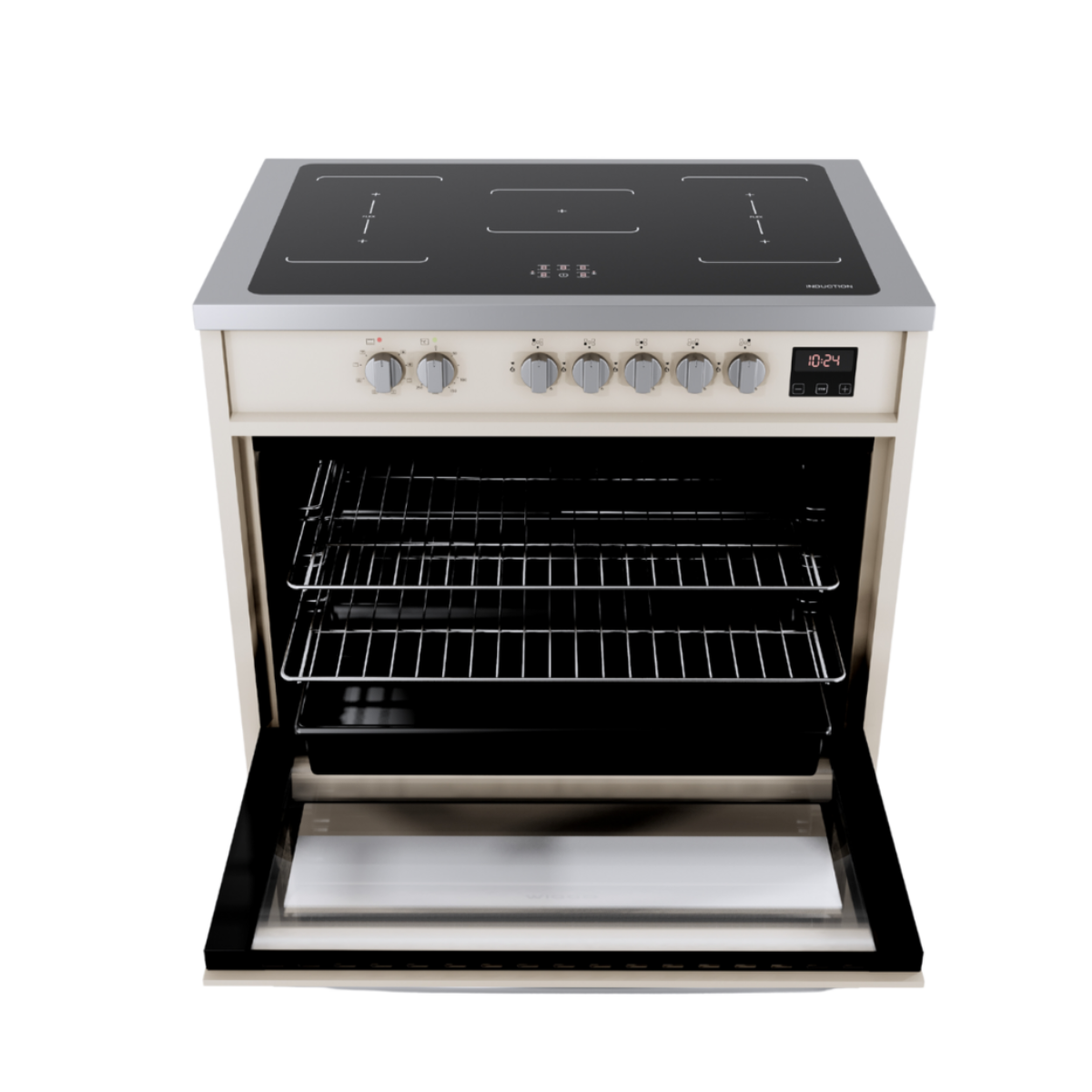 Induction oven with the door open. Beige finish with black cooktop and stainless trim.