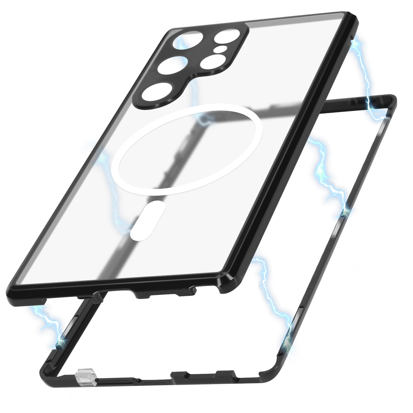Custodia per telefono con retro trasparente e cornice nera, con anello magnetico bianco.