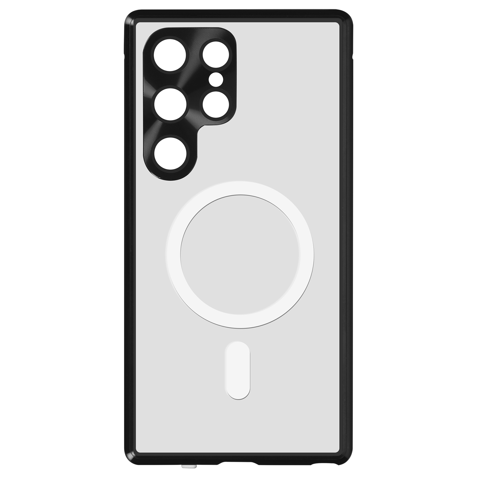 Custodia per telefono bianca con cornice nera. Ha un anello magnetico circolare e un'area fotocamera nera.