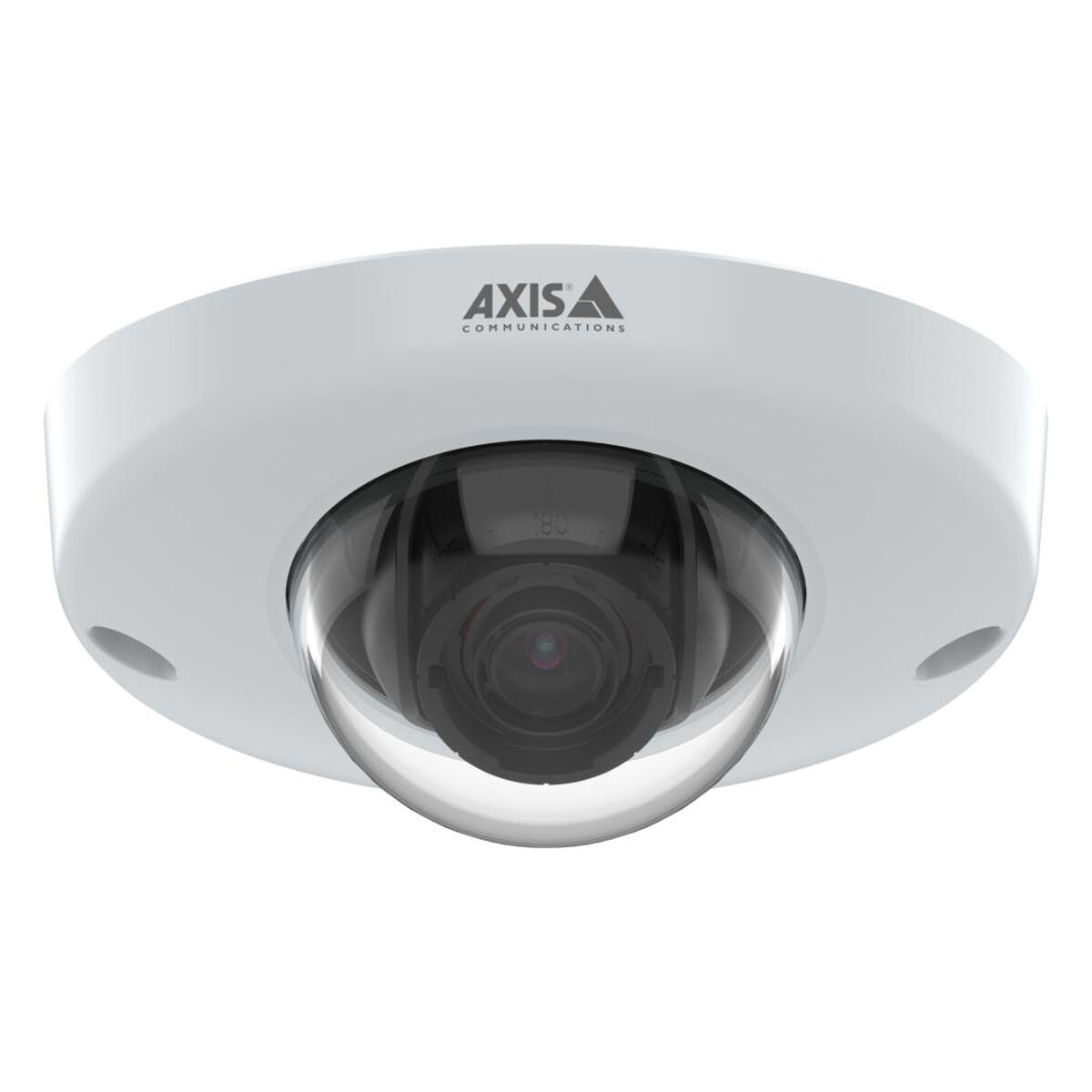 Biała kamera bezpieczeństwa z czarnym obiektywem w kształcie kopuły. Ma logo AXIS.