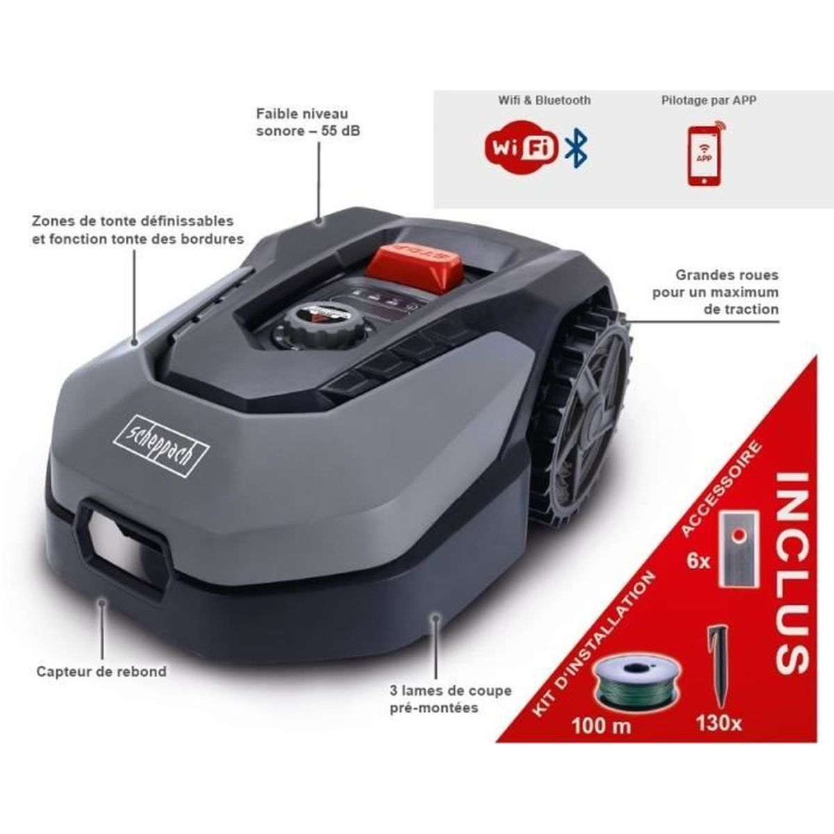 Kosiarka automatyczna z etykietami. Zawiera akcesoria. Pokazuje Wi-Fi, Bluetooth i sterowanie aplikacją.