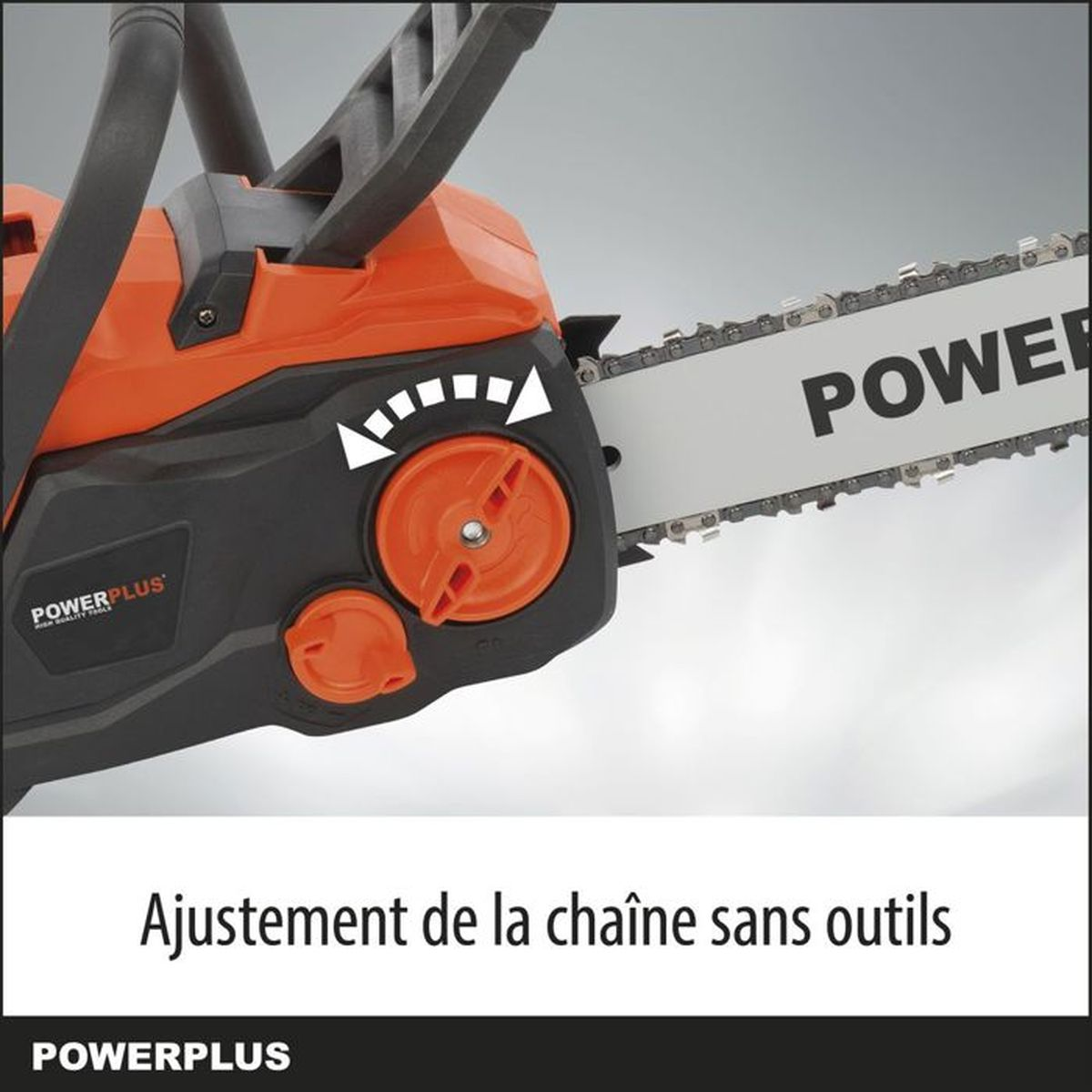 Orange und schwarze Kettensäge mit Spannverstellknopf und POWER+ Branding.
