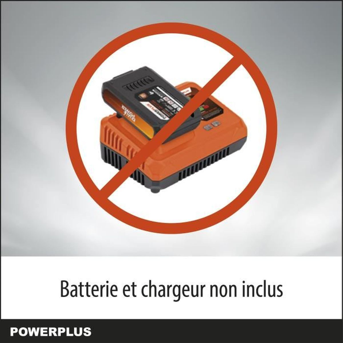 Verbotsschild über einem schwarzen und orangefarbenen Akku mit Ladegerät.