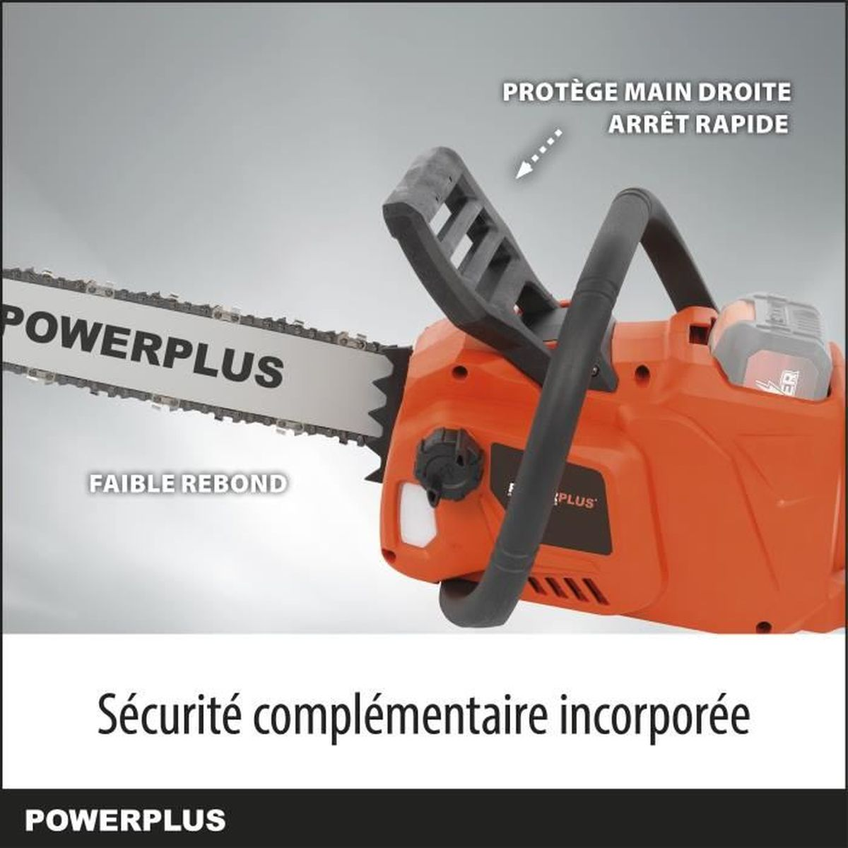 Orange Kettensäge mit "Powerplus"-Aufschrift auf der Kette.