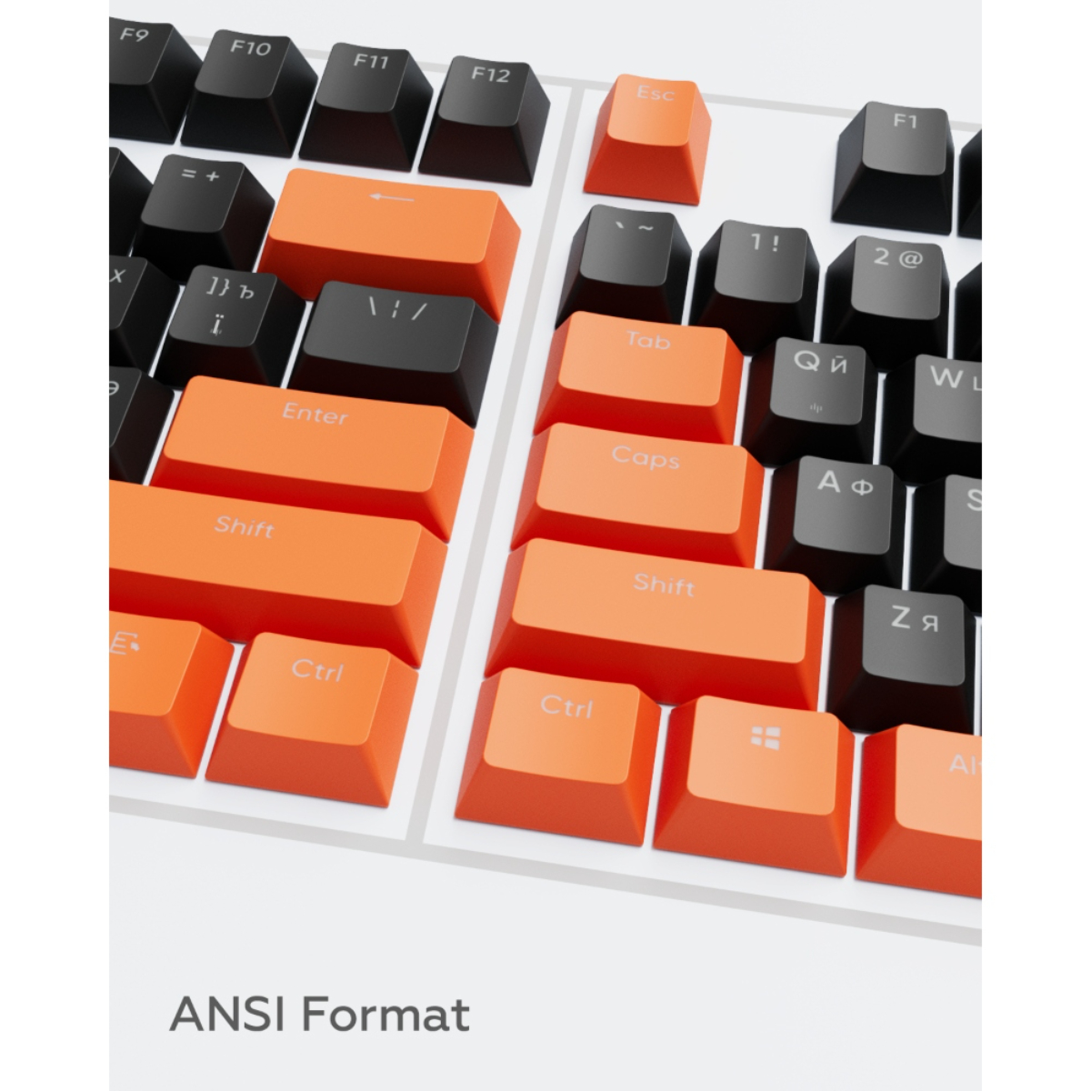 Nahaufnahme einer Tastatur mit schwarzen und orangen Tasten. Die Tasten sind im ANSI-Format.