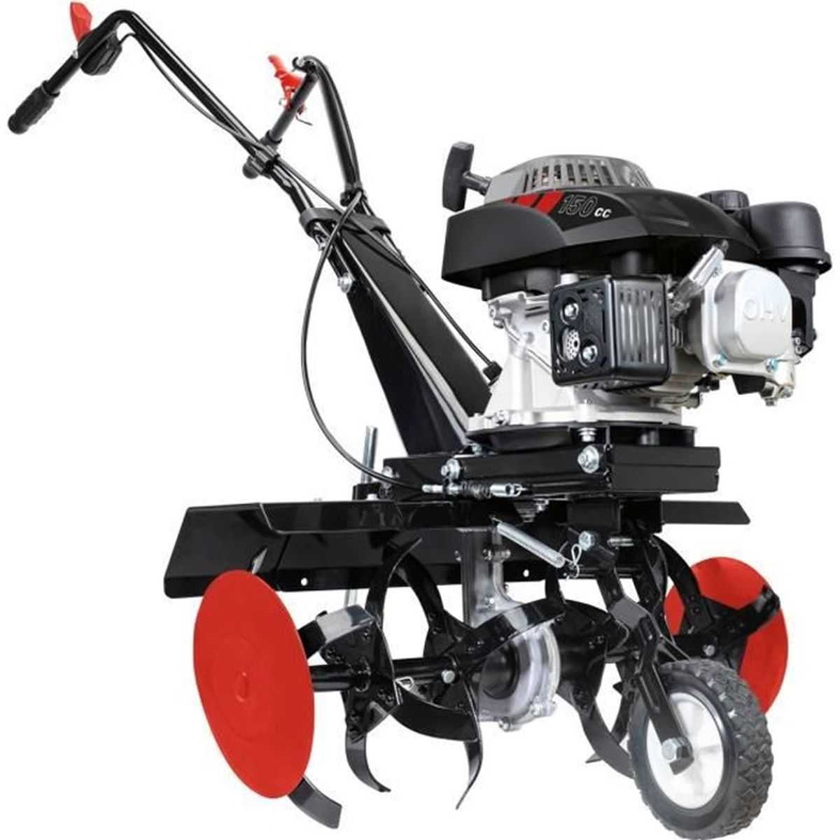 Eine schwarze und rote Fräse. Sie hat einen 150cc Motor und zwei Räder.