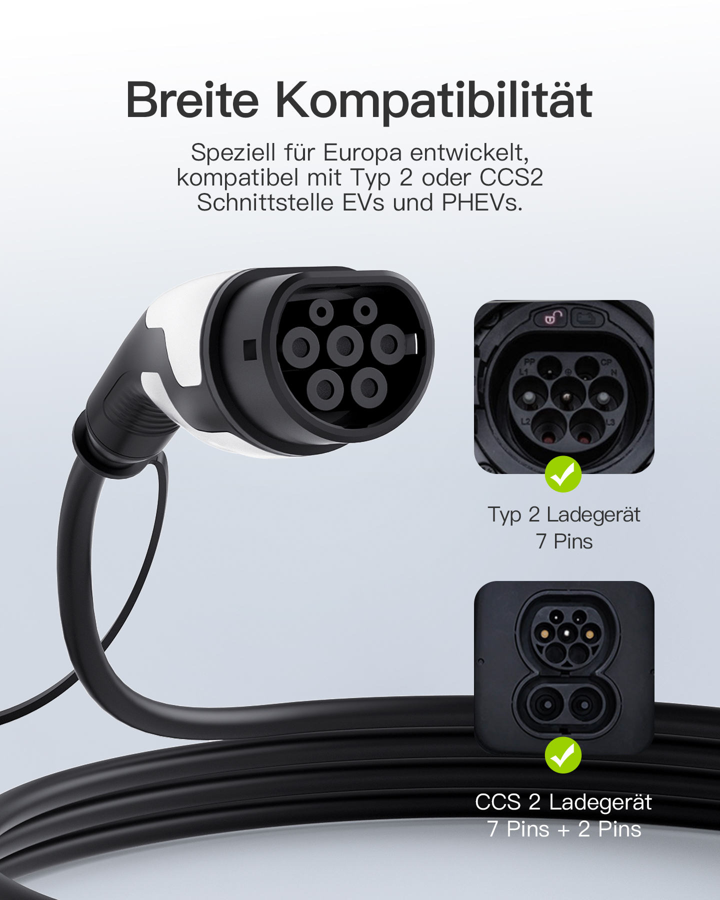 Ein Elektroauto-Ladekabel mit Typ 2 und CCS2-Anschlüssen. Nahaufnahme.