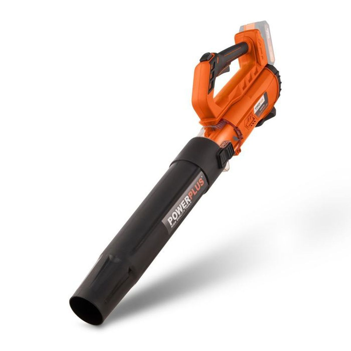 Ein orange-schwarzes Laubgebläse auf weißem Hintergrund.