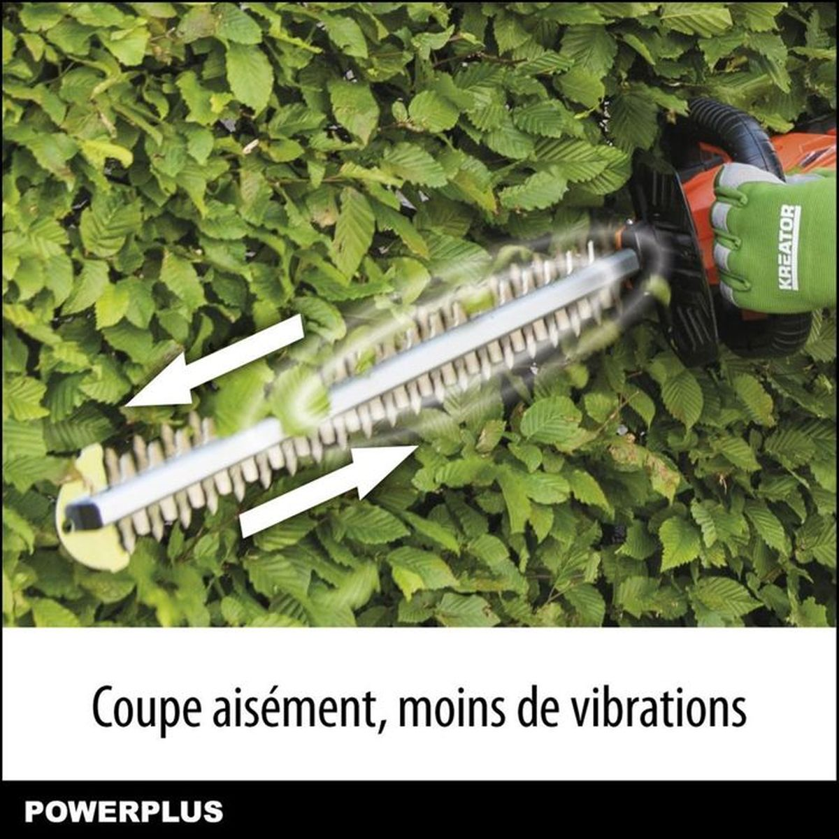 Heckenschere schneidet eine Hecke. Pfeile zeigen die Schnittrichtung. Text: Schneidet leicht, weniger Vibrationen.