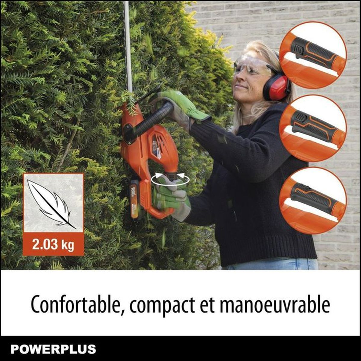 Frau benutzt eine orangefarbene Heckenschere im Garten. Merkmale des Trimmers werden hervorgehoben.