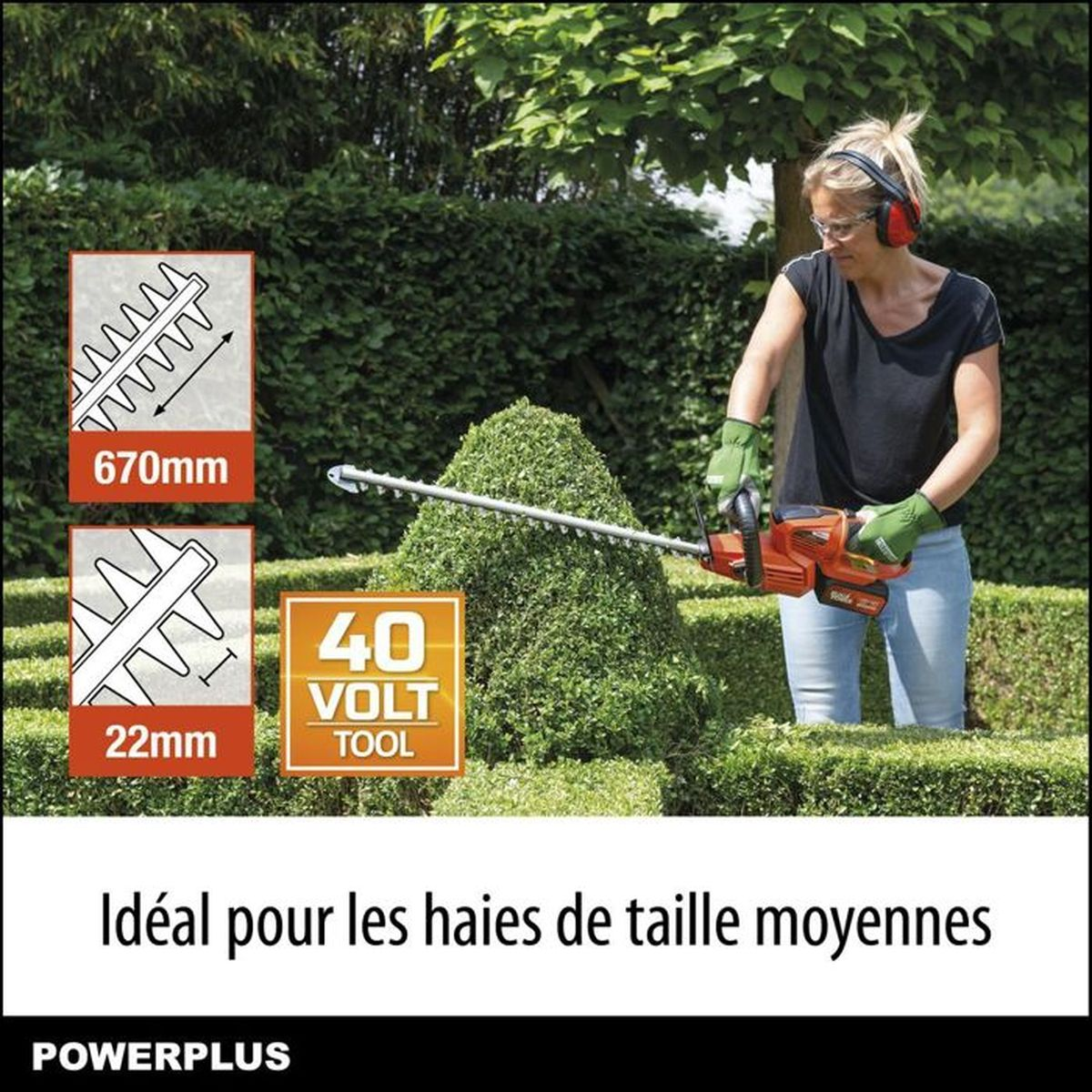 Eine Frau benutzt eine Heckenschere. Text und Diagramme zeigen die Produktmerkmale.