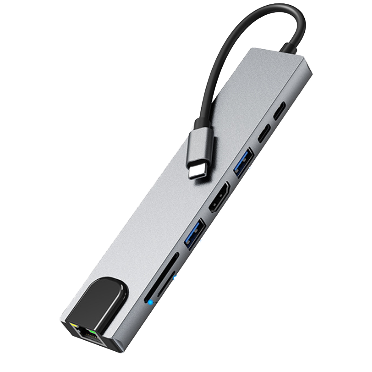 Ein silberner USB-C-Hub mit mehreren Anschlüssen, einschließlich USB und HDMI.