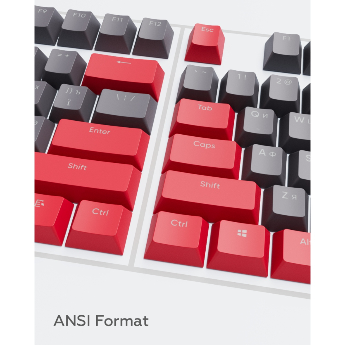 Nahaufnahme einer Tastatur mit roten und grauen Tasten im ANSI-Format.