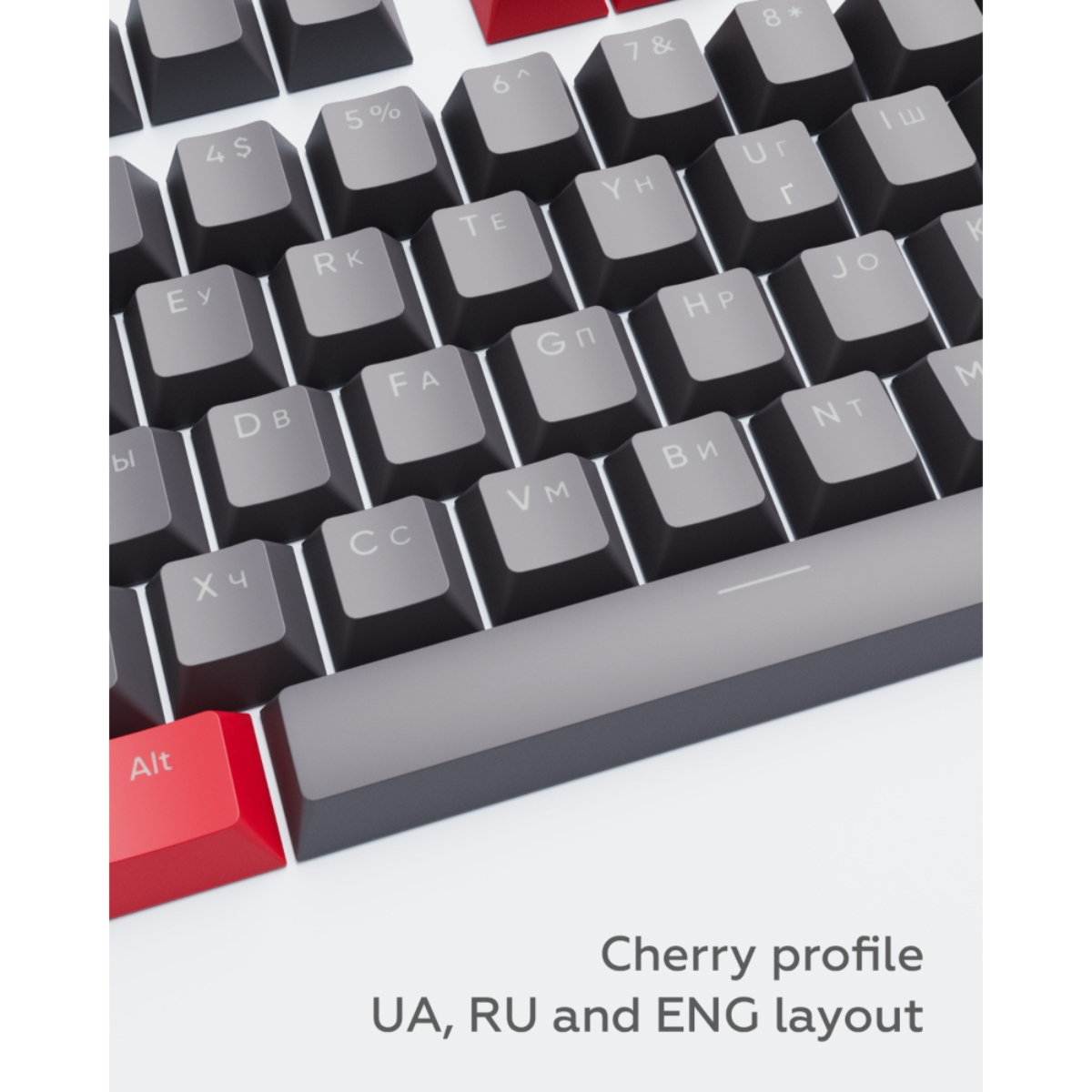 Nahaufnahme einer Tastatur mit grauen und schwarzen Tasten. Rote 'Alt'-Taste links.