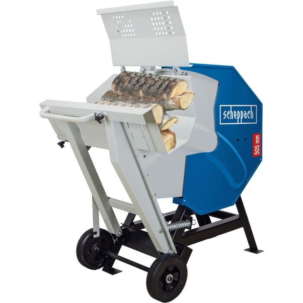 Holzsäge mit Holzstämmen, Rädern und blau-weißem Rahmen.