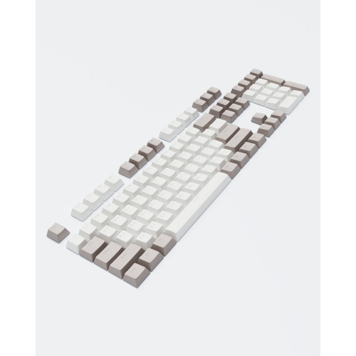 Tastatur-Keycaps angeordnet, weiß und braun.