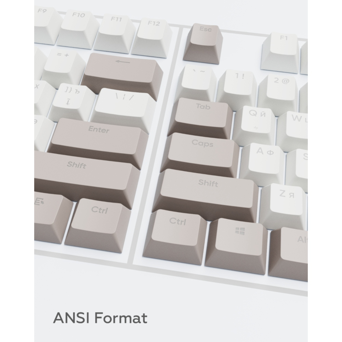 Nahaufnahme einer Tastatur mit weißen und braunen Tasten. Die Tasten haben ein ANSI-Format.