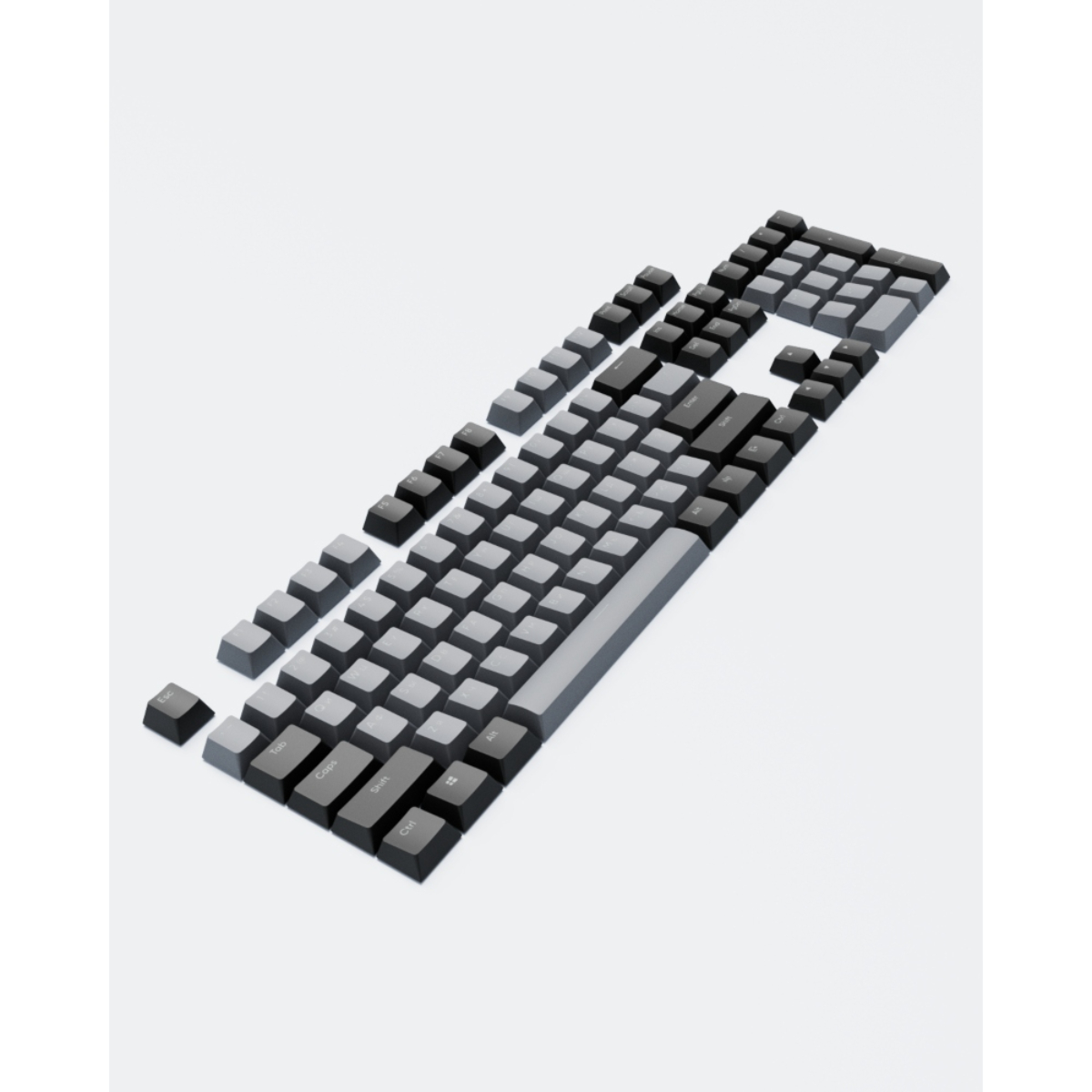 Explosionsansicht einer Tastatur mit schwarzen und grauen Tastenkappen.