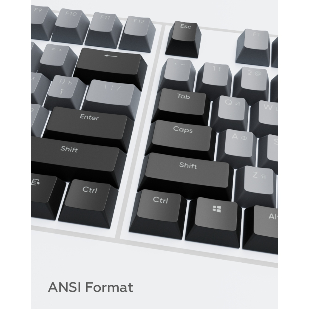 Nahaufnahme einer Tastatur mit schwarzen und grauen Tasten. Das Tastaturlayout ist im ANSI-Format.