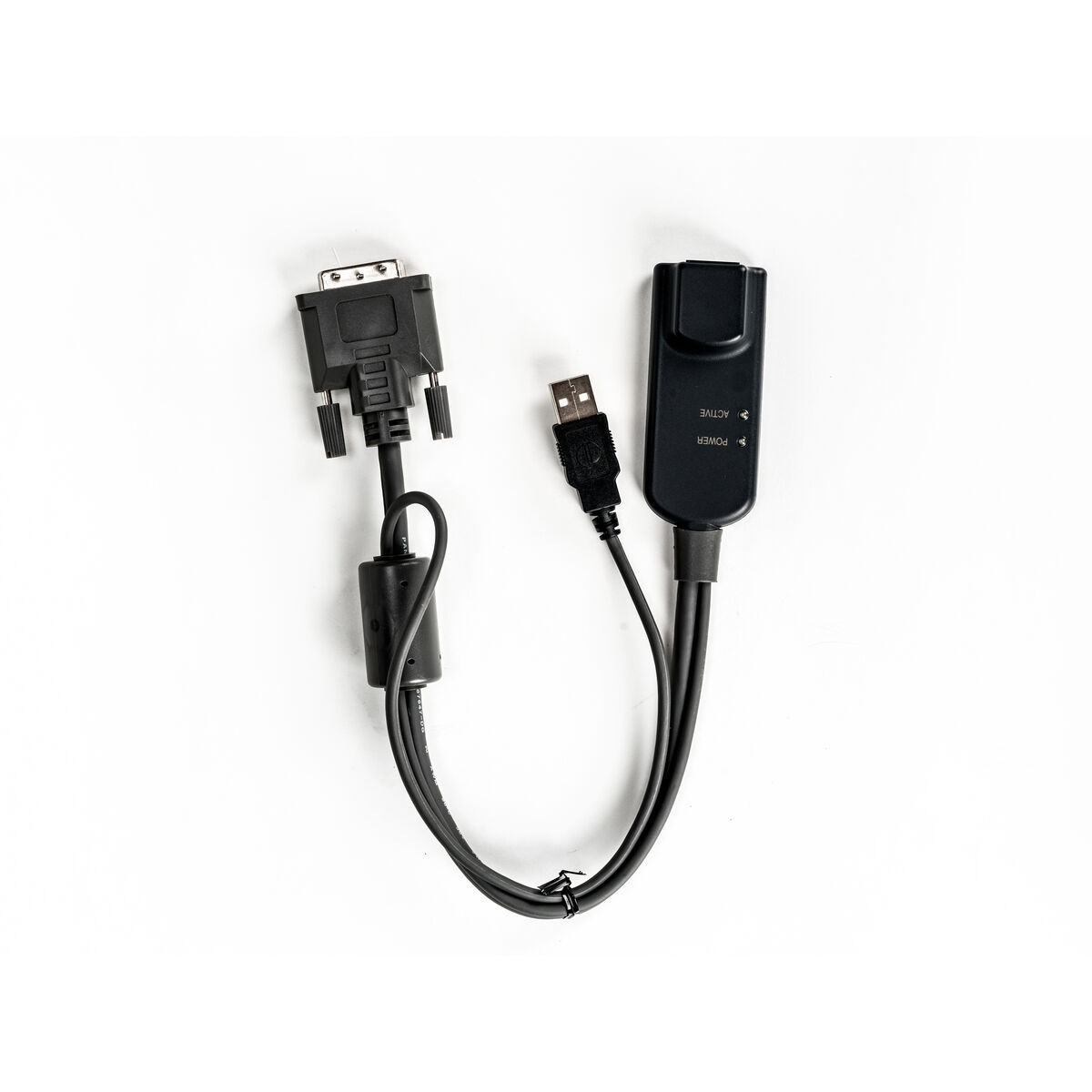 Un adattatore da USB a VGA nero con cavi, su sfondo bianco.