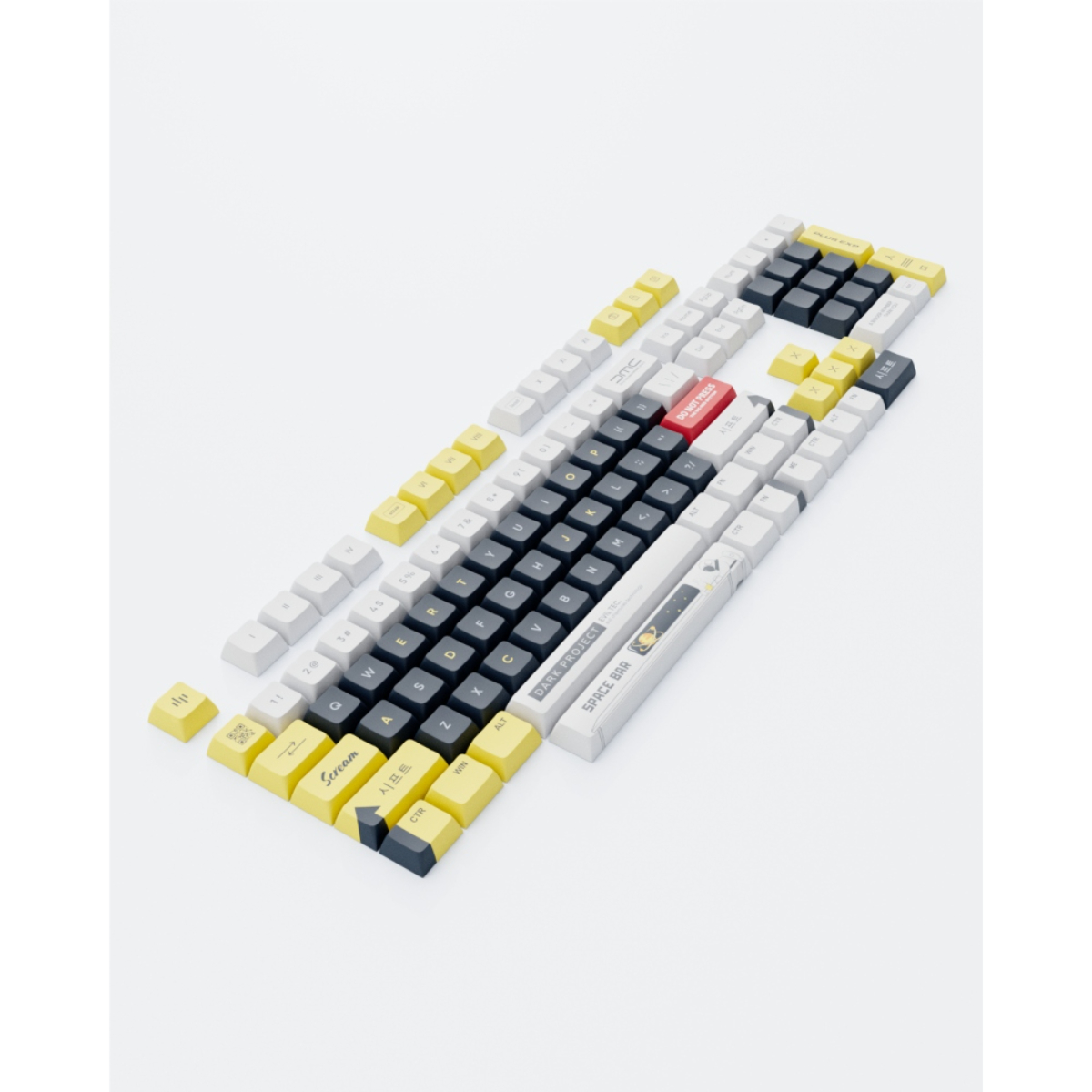 Zerlegte Tastatur mit schwarzen, weißen, gelben Tasten. Eine rote Taste in der Mitte.