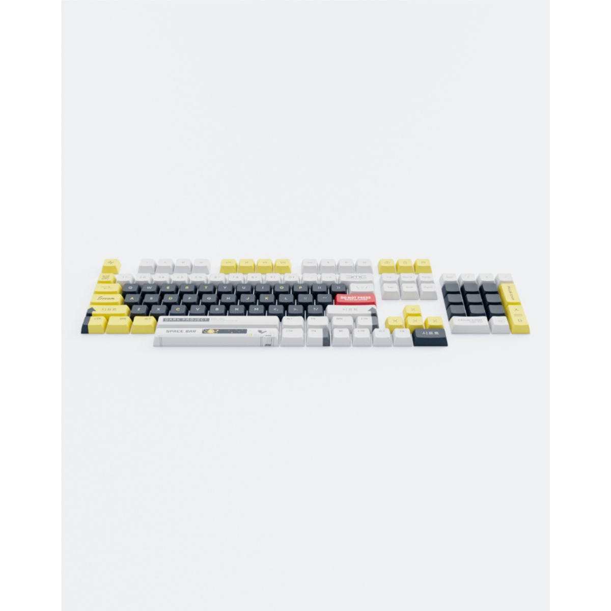 Eine Tastatur mit schwarzen, gelben und weißen Tasten, auf weißem Untergrund zerlegt.