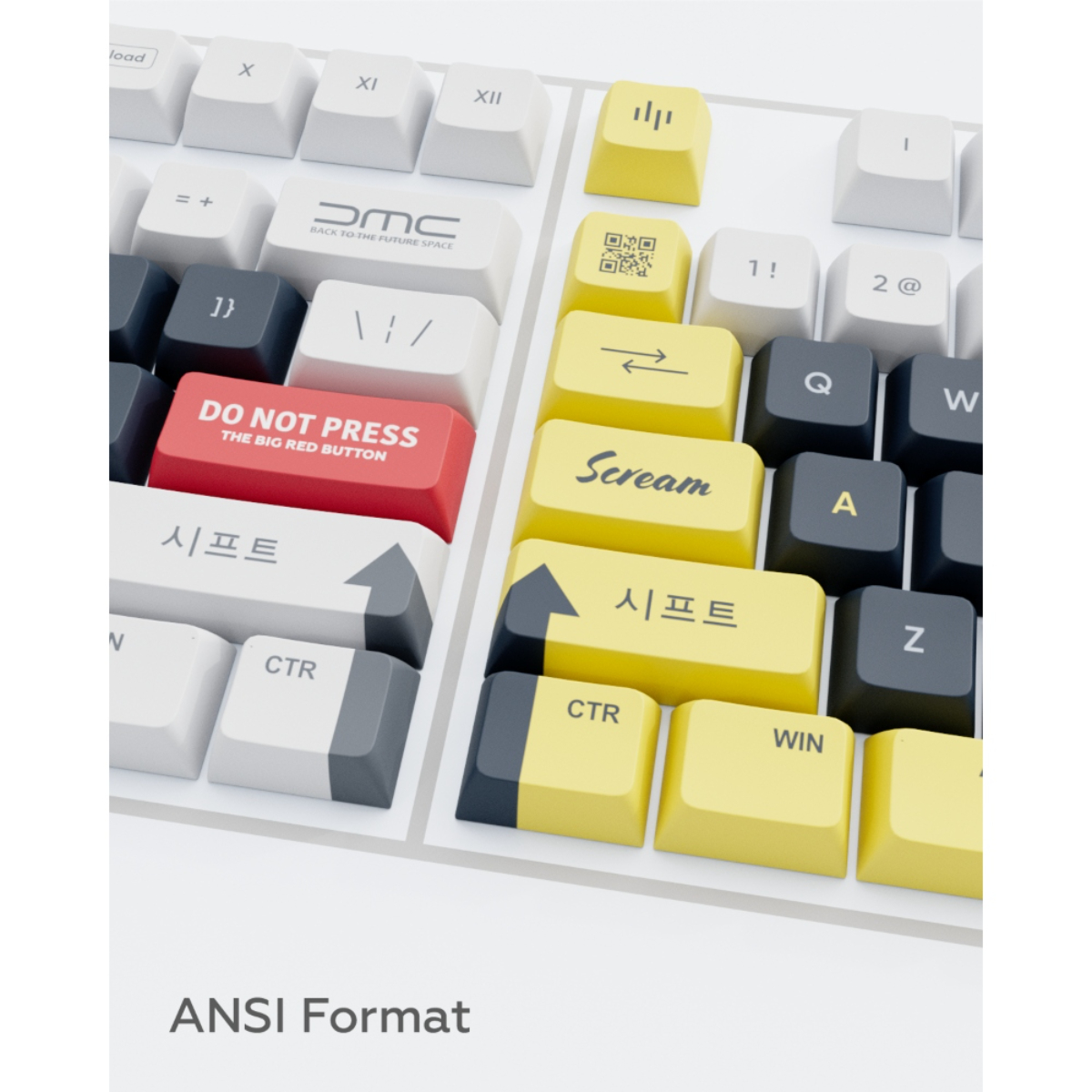 Nahaufnahme einer Tastatur mit weißen, gelben und roten Tasten. Das Layout ist im ANSI-Format.