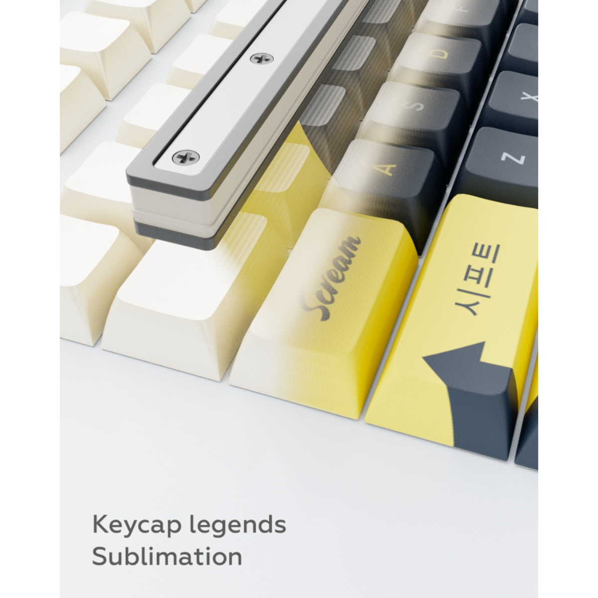 Tastaturtasten mit gelben und weißen Farben. Auf den Tasten steht Scream und 시프트.
