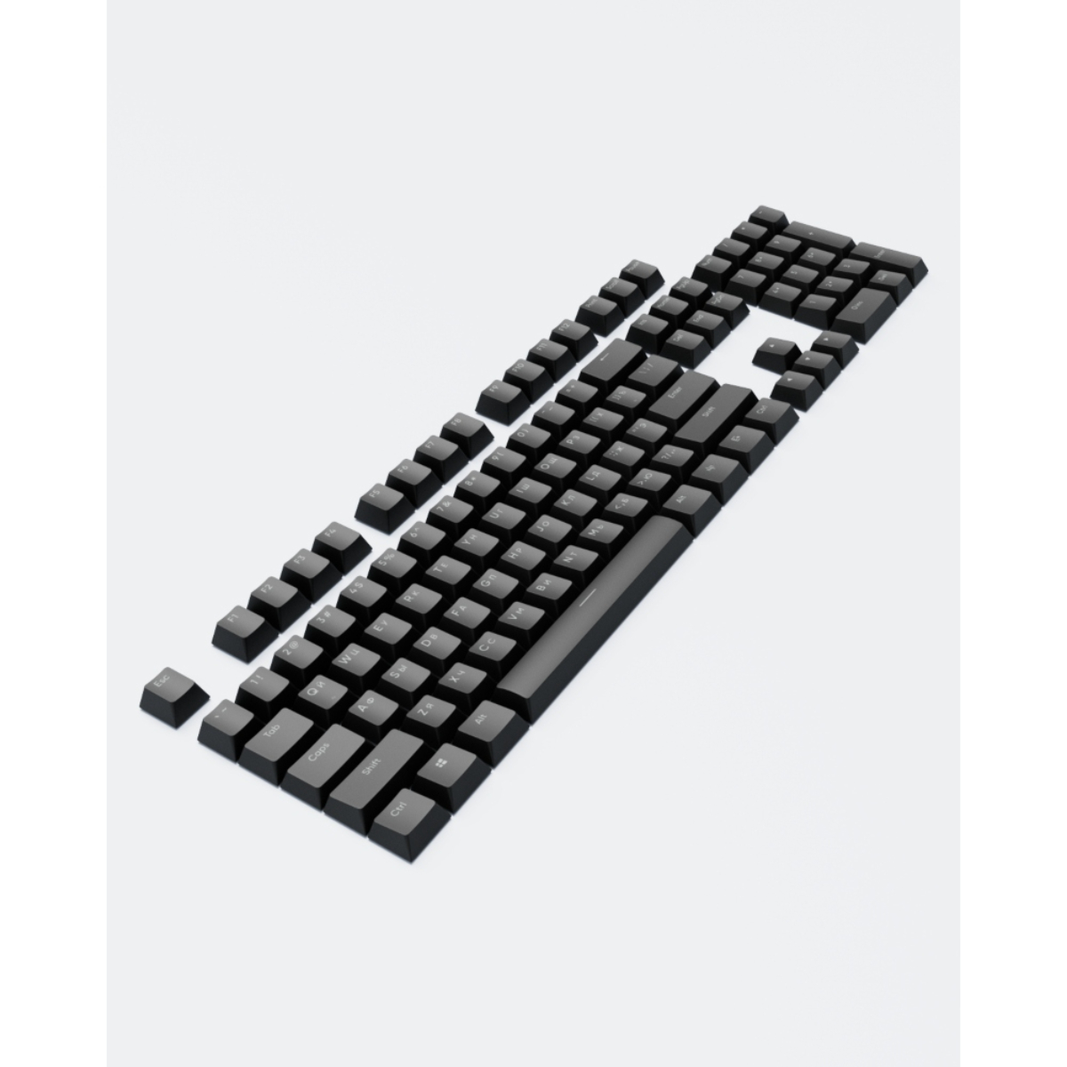 Tastaturtasten. Schwarze Tasten sind auf weißem Hintergrund angeordnet. Die Tasten sind getrennt.