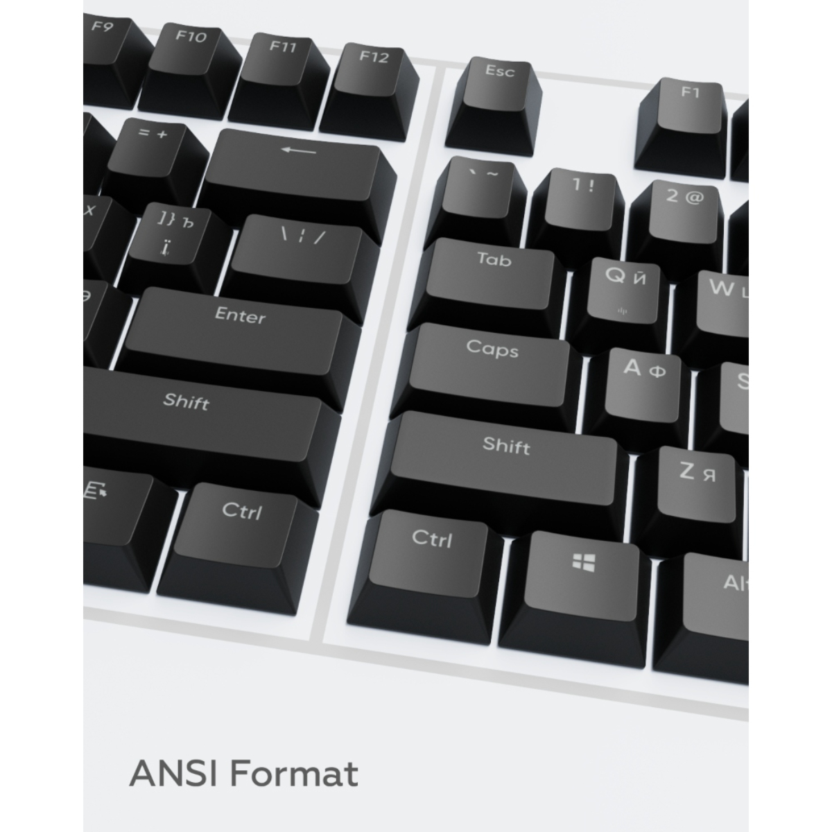 Nahaufnahme einer Tastatur mit schwarzen Tasten und weißen Buchstaben, zeigt ANSI-Format.