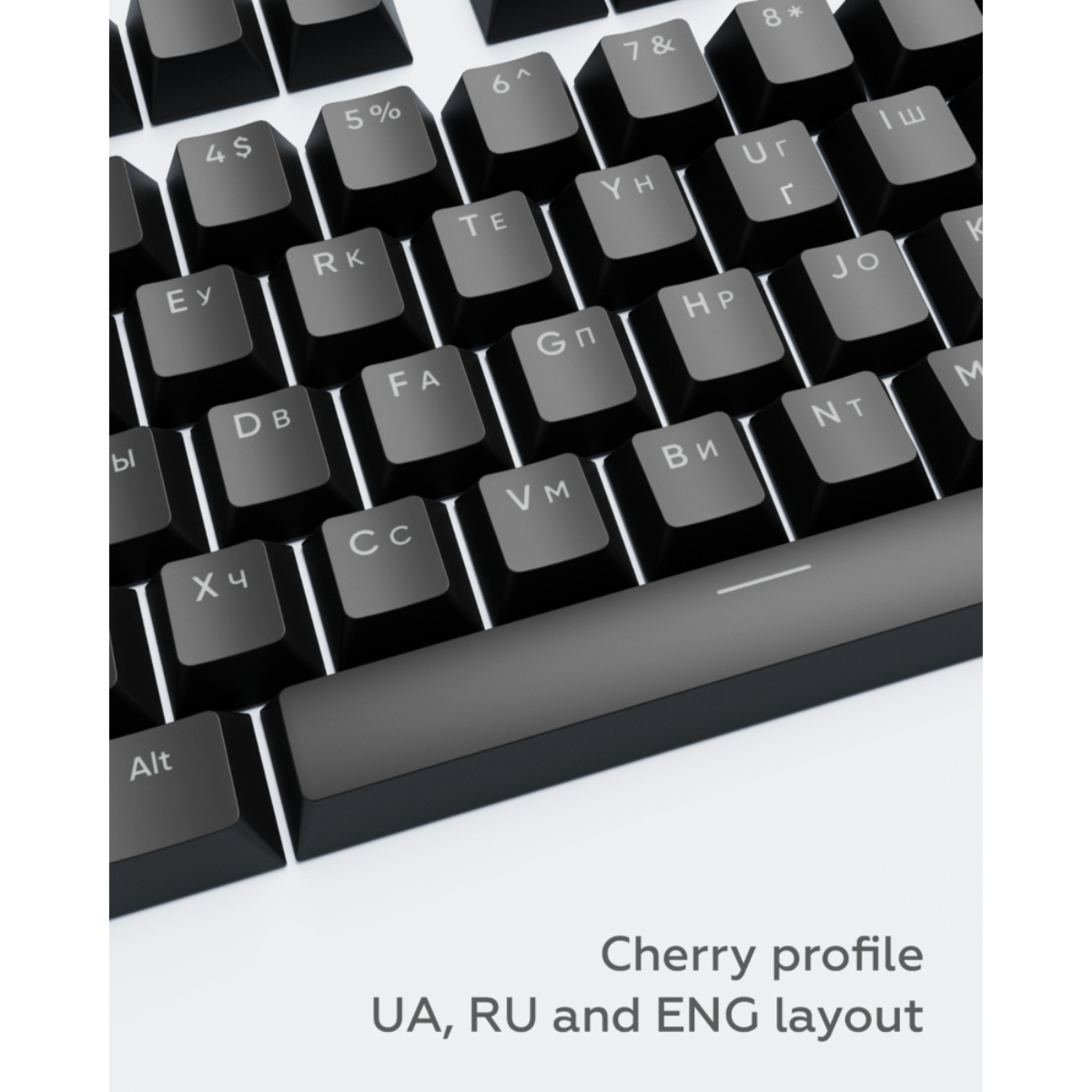 Schwarze Tastatur mit weißen Tasten, mit den Buchstaben 'UA, RU und ENG' auf den Tasten.