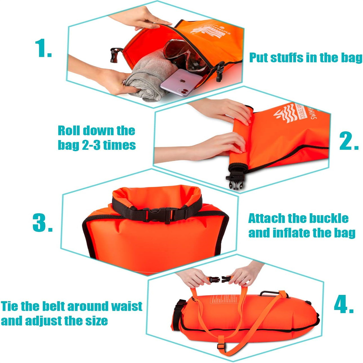 Anleitung für eine orangefarbene, aufblasbare Schwimmtasche. Schritte zeigen, wie man Sachen einpackt, rollt, schnallt.