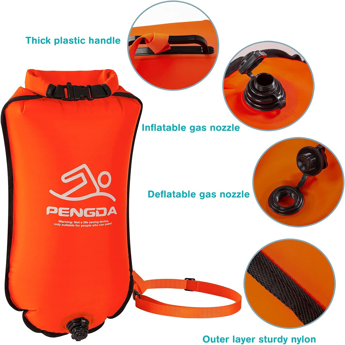 Orangefarbene Schwimmboje mit Text und Etiketten. Äußere Nylonschicht, Gasdüsen, Griff. Weißer Hintergrund.