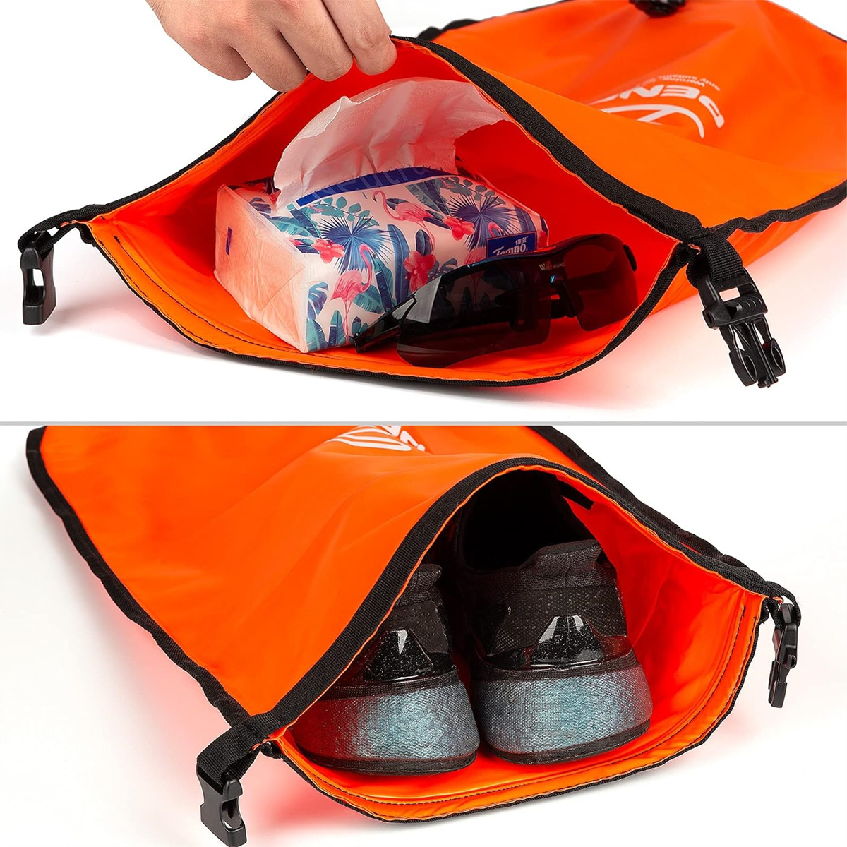 Eine orange wasserdichte Tasche ist geöffnet und zeigt Taschentücher, Sonnenbrille und Schuhe.