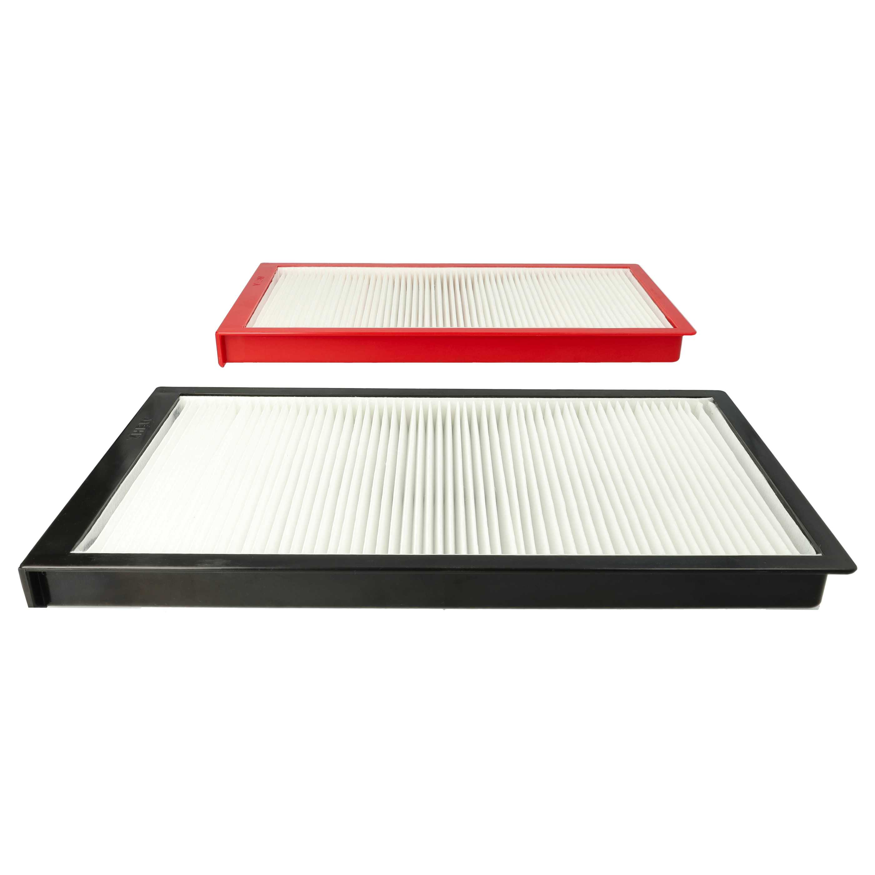 Zwei Luftfilter, einer rot, einer schwarz, mit weißem Filtermedium. Sie sind rechteckig und haben einen Rahmen.