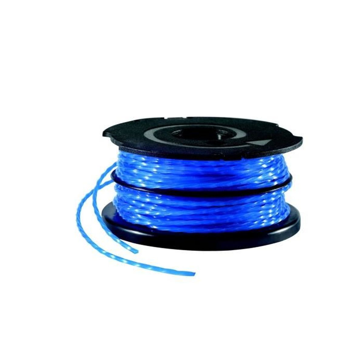 Een spoel blauwe trimmerdraad. Het zit op een zwarte plastic spoel. Witte achtergrond.