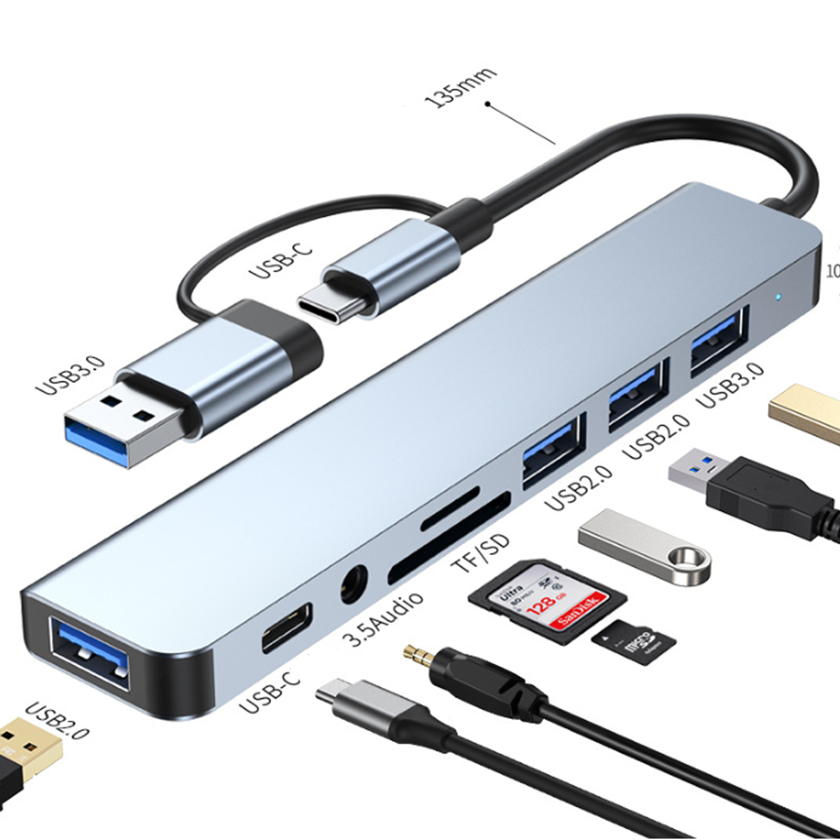 Ein silberner USB-Hub mit verschiedenen Anschlüssen und Steckern, mit Etiketten, vor weißem Hintergrund.